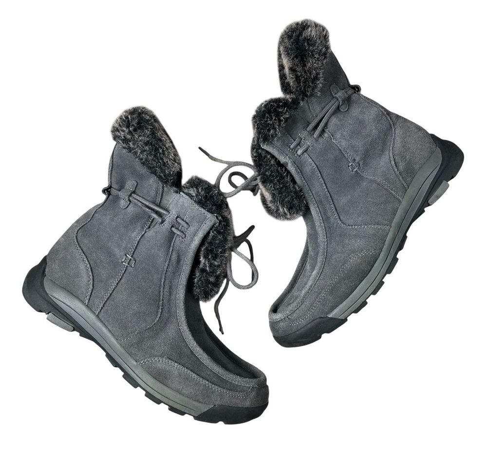 Lands' End Women's 420865 Moc Toe Fur Trimmed Winter Boots Size 9 Gray Suede